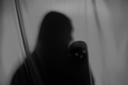 Silhouette of creepy ghost with skull behind gray cloth, space for textの写真素材