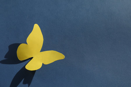 Yellow paper butterfly on dark blue background, space for textの写真素材