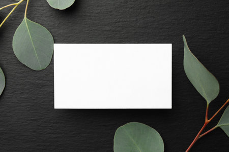 Blank business card and eucalyptus branches on black background, flat lay. Mockup for designの写真素材