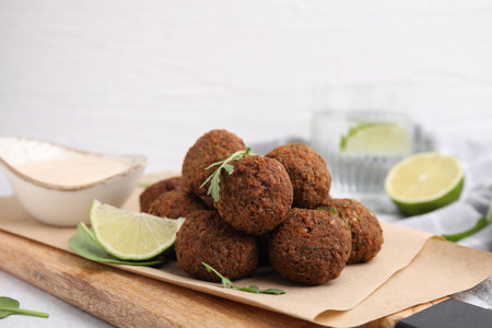 Delicious falafel balls, arugula, lime and sauce on table