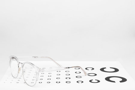 Glasses and vision test chart isolated on white