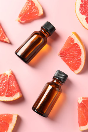 Flat lay composition with grapefruit essential oil on pink backgroundの写真素材