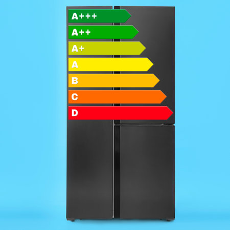 Energy efficiency rating label and refrigerator on light blue backgroundの写真素材