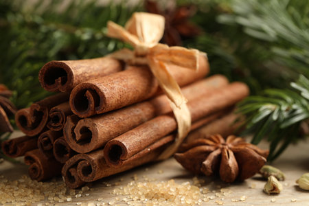 Different aromatic spices and fir branches on wooden table, closeupの写真素材