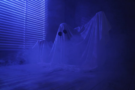 Creepy ghost. Woman covered with sheet near window in blue lightの写真素材
