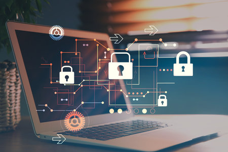 Privacy protection. Digital scheme with padlocks over laptop in office
