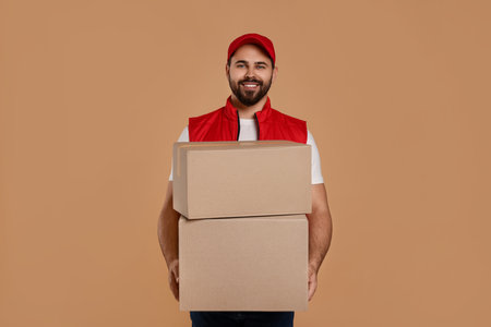 Happy young courier with parcels on light brown backgroundの写真素材