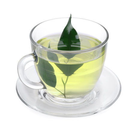 Fresh green tea in glass cup, leaves and saucer isolated on whiteの写真素材