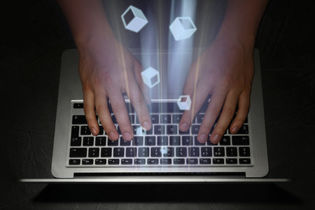 Speed internet. Man using laptop, closeup. Motion blur effect symbolizing fast connectionの写真素材
