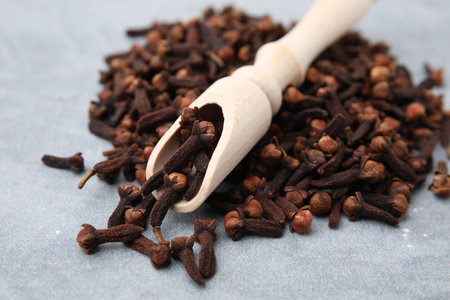 Pile of aromatic dried clove buds and scoop on gray table, closeupの写真素材