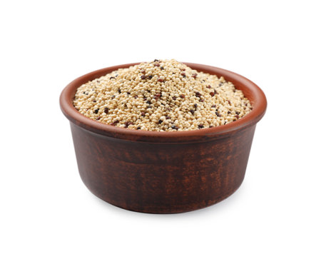 Raw quinoa seeds in bowl isolated on whiteの写真素材