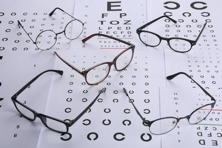 Vision test charts and glasses on tableの写真素材