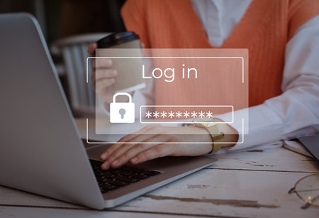 Privacy protection. Woman using laptop at table, closeup. Digital login interface