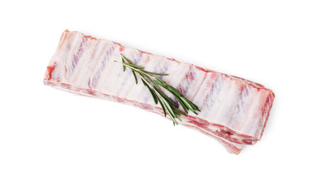 Raw pork ribs with rosemary isolated on white, top viewの写真素材