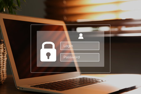 Privacy protection. Digital login interface over laptop in officeの写真素材