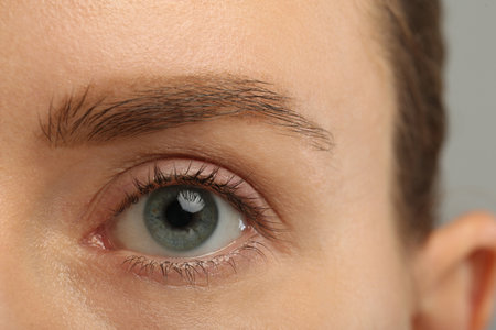 Woman with beautiful natural eyelashes on gray background, closeupの写真素材