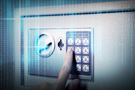 Woman pressing buttons on keypad to open steel safe, closeup. Binary code symbolizing digital lock...