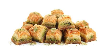 Delicious fresh baklava with chopped nuts isolated on white. Eastern sweetsの写真素材