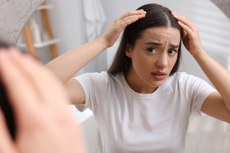Emotional woman examining her hair and scalp at home. Dandruff problemの写真素材