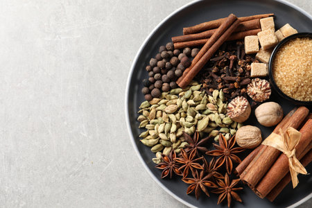 Plate with different aromatic spices on light textured table, top view. Space for text