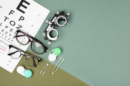 Flat lay composition with vision test chart and glasses on color background, space for text