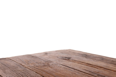 Empty brown wooden table isolated on whiteの写真素材