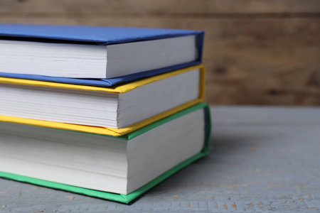 Different books on gray wooden table, closeup. Space for text