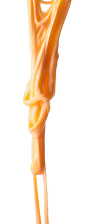 Stretching delicious melted cheese isolated on white