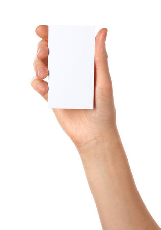 Woman holding blank business card on white background, closeup. Mockup for designの写真素材