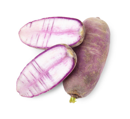 Ripe purple daikon radishes isolated on white, top viewの写真素材