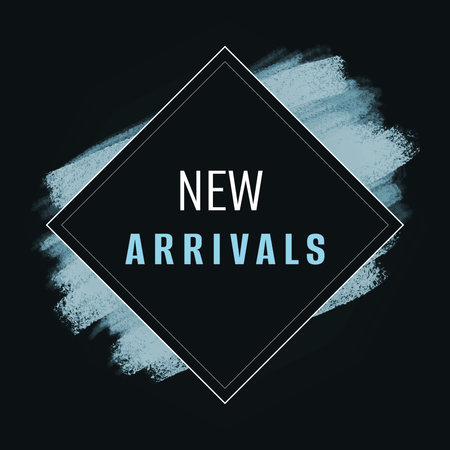New arrivals flyer design with text on black background