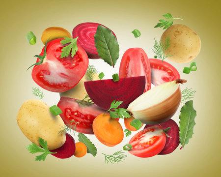 Different fresh vegetables and spices in air on olive color backgroundの写真素材