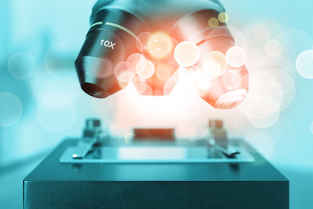 Microscope, closeup. Laboratory equipment. Color toned, bokeh effect