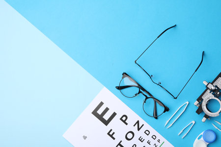 Flat lay composition with vision test chart and glasses on light blue background, space for textの写真素材