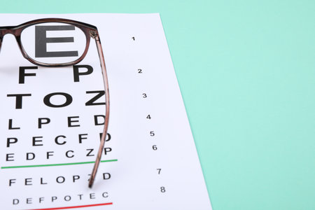 Vision test chart and glasses on turquoise background, closeup. Space for text