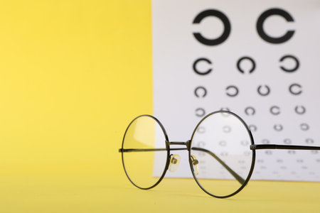 Vision test chart glasses on yellow background, closeup. Space for text