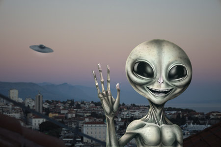 Alien and flying saucer at city. UFO, extraterrestrial visitors