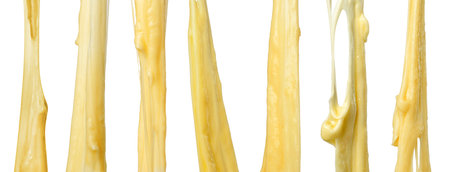 Stretching delicious melted cheese isolated on white, set