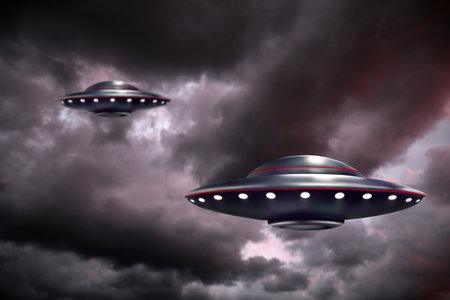 UFO. Alien spaceships among clouds in the sky. Extraterrestrial visitorsの写真素材