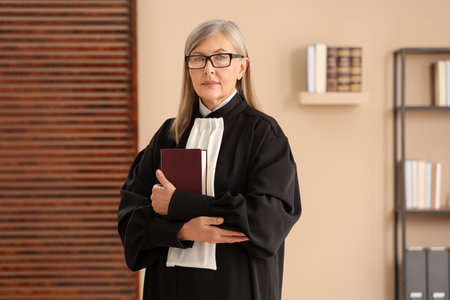 Portrait of judge in court dress with book indoorsの写真素材