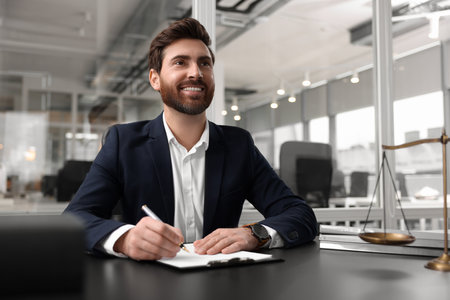 Portrait of smiling lawyer at table in officeの写真素材