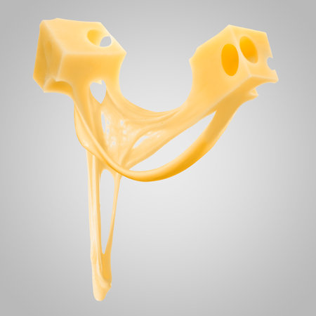 Tasty cheese stretching in air on gray background