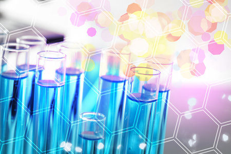 Many test tubes with samples, closeup. laboratory glassware