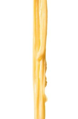 Stretching delicious melted cheese isolated on white
