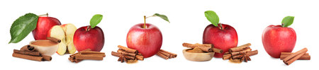 Aromatic cinnamon sticks, powder and red apples isolated on white, setの写真素材