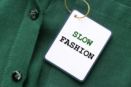 Conscious consumption. Tag with words Slow Fashion on green shirt, top viewの写真素材