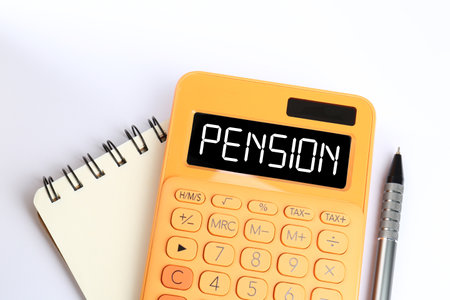 Calculator with word Pension, pen and notebook on white background, top viewの写真素材
