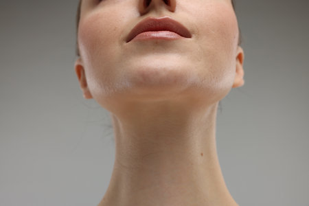 Beauty concept. Woman on gray background, closeupの写真素材