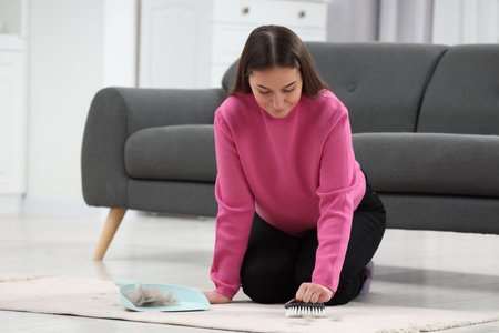 Woman with brush removing pet hair from carpet at homeの写真素材