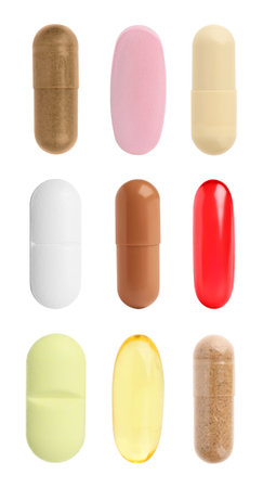 Vitamin. Many different pills isolated on white, setの写真素材